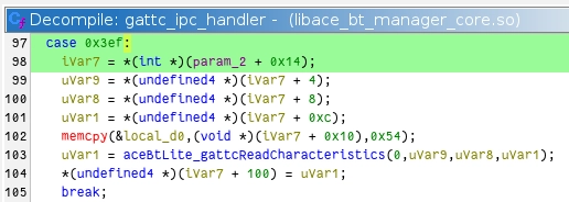 Decompiled code of the GATT Client event handler and Read Characteristic case in btmanagerd/ace_bt_manager_core